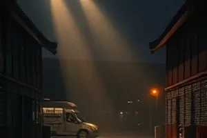 雪落无声：雪夜小镇街道与远处亮灯的木屋
