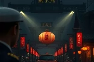 雨停之后：雨后街道积水映出路灯与店铺招牌